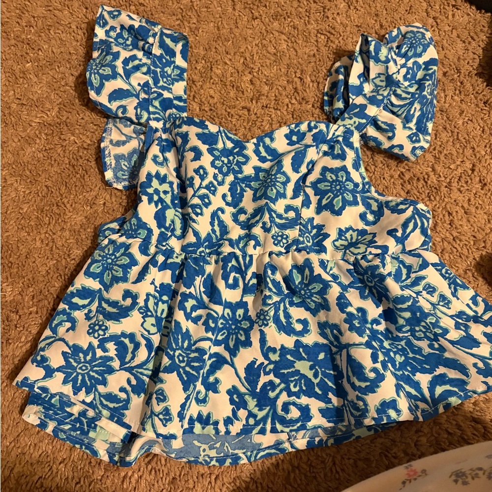 SHEIN White & Blue Floral Ruffle Tank Top